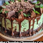 Slice of Mint Chocolate Cheesecake Cake garnished with mint leaves