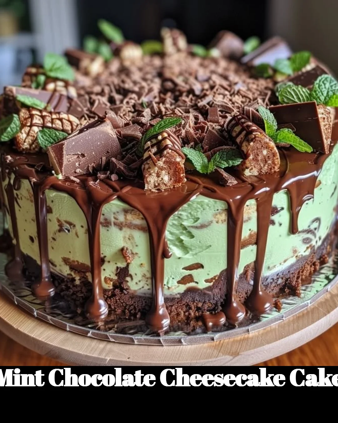 Slice of Mint Chocolate Cheesecake Cake garnished with mint leaves