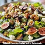 Mixed greens salad topped with balsamic dressing and fresh vegetables.