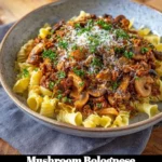 A bowl of Mushroom Bolognese pasta with fresh herbs and parmesan cheese.