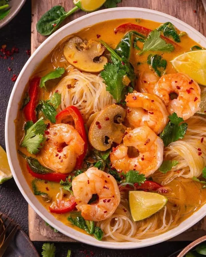 Bowl of Thai-inspired soup showcasing vibrant ingredients and aromatic herbs