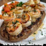 New York Strip steak with a loaded shrimp baked potato on a plate.