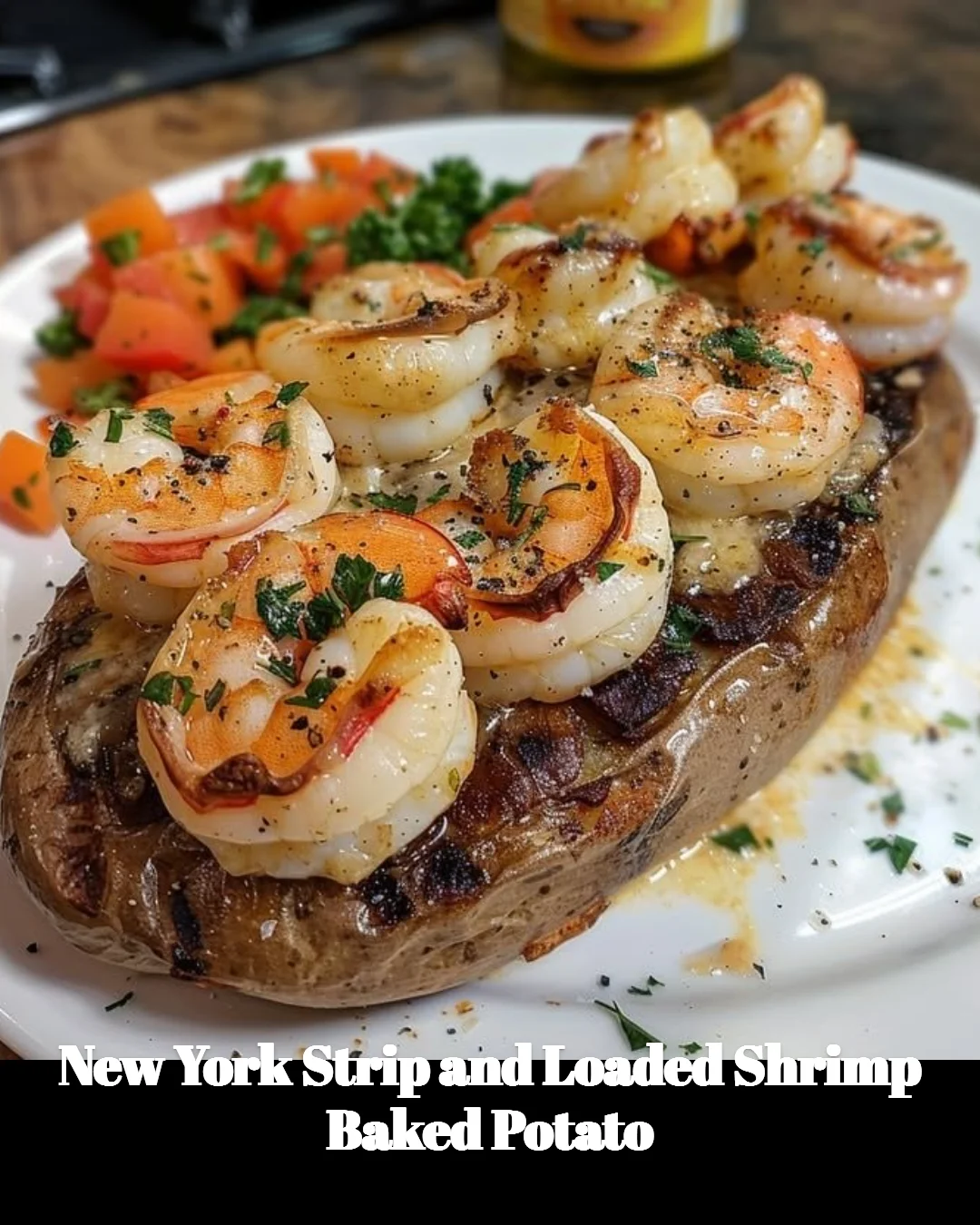 New York Strip steak with a loaded shrimp baked potato on a plate.