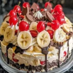 No bake banana split cheesecake topped with bananas, whipped cream, and chocolate sauce