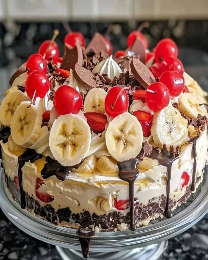 No bake banana split cheesecake topped with bananas, whipped cream, and chocolate sauce