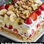 No-Bake Banana Split Cheesecake topped with bananas, chocolate, and whipped cream