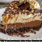 Delicious no-bake German Chocolate Cheesecake topped with chocolate and coconut