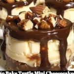 No Bake Turtle Mini Cheesecakes with chocolate and caramel drizzle