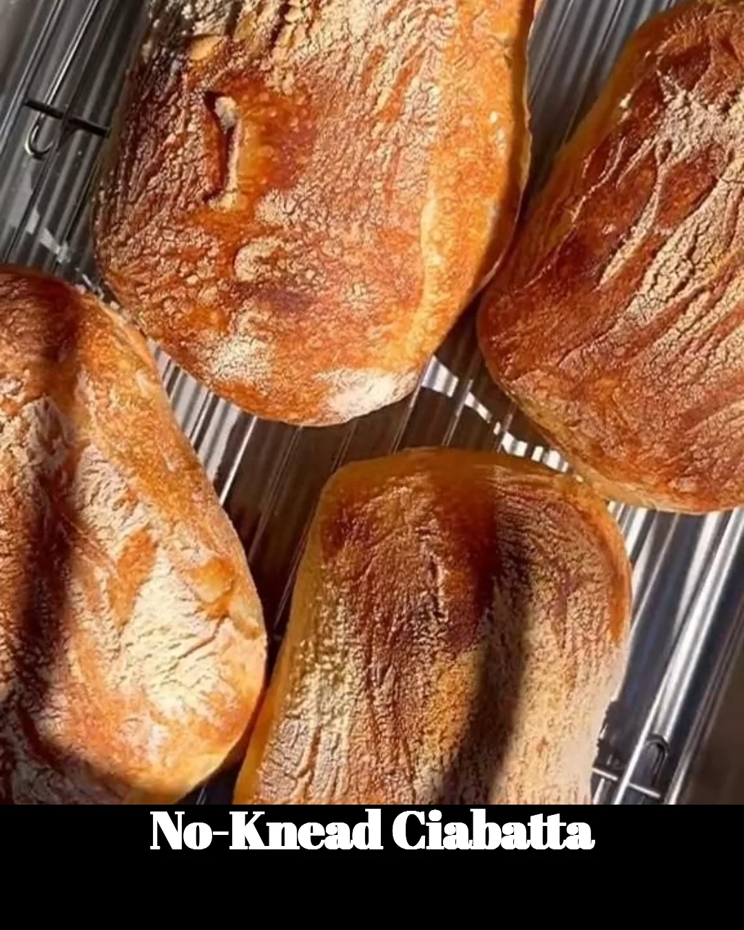 Freshly baked No-Knead Ciabatta loaf on a wooden table