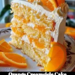 Slice of orange creamsicle cake with creamy frosting and orange zest on top.
