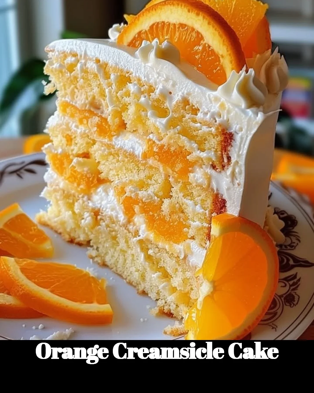 Slice of orange creamsicle cake with creamy frosting and orange zest on top.