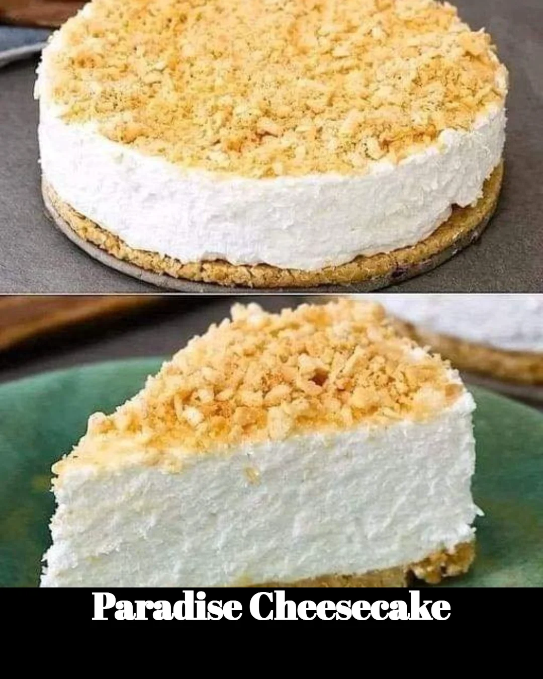 Delicious Paradise Cheesecake topped with fresh berries and whipped cream