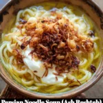 Bowl of flavorful Persian Noodle Soup (Ash Reshteh) garnished with fresh herbs.