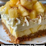 A slice of pineapple cheesecake dessert garnished with fresh pineapple and whipped cream.