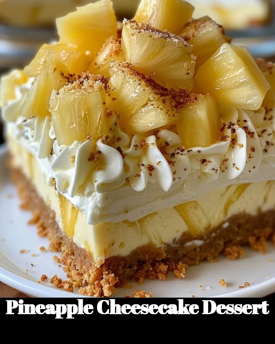A slice of pineapple cheesecake dessert garnished with fresh pineapple and whipped cream.