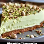 Delicious slice of pistachio cheesecake topped with nuts and a drizzle of caramel