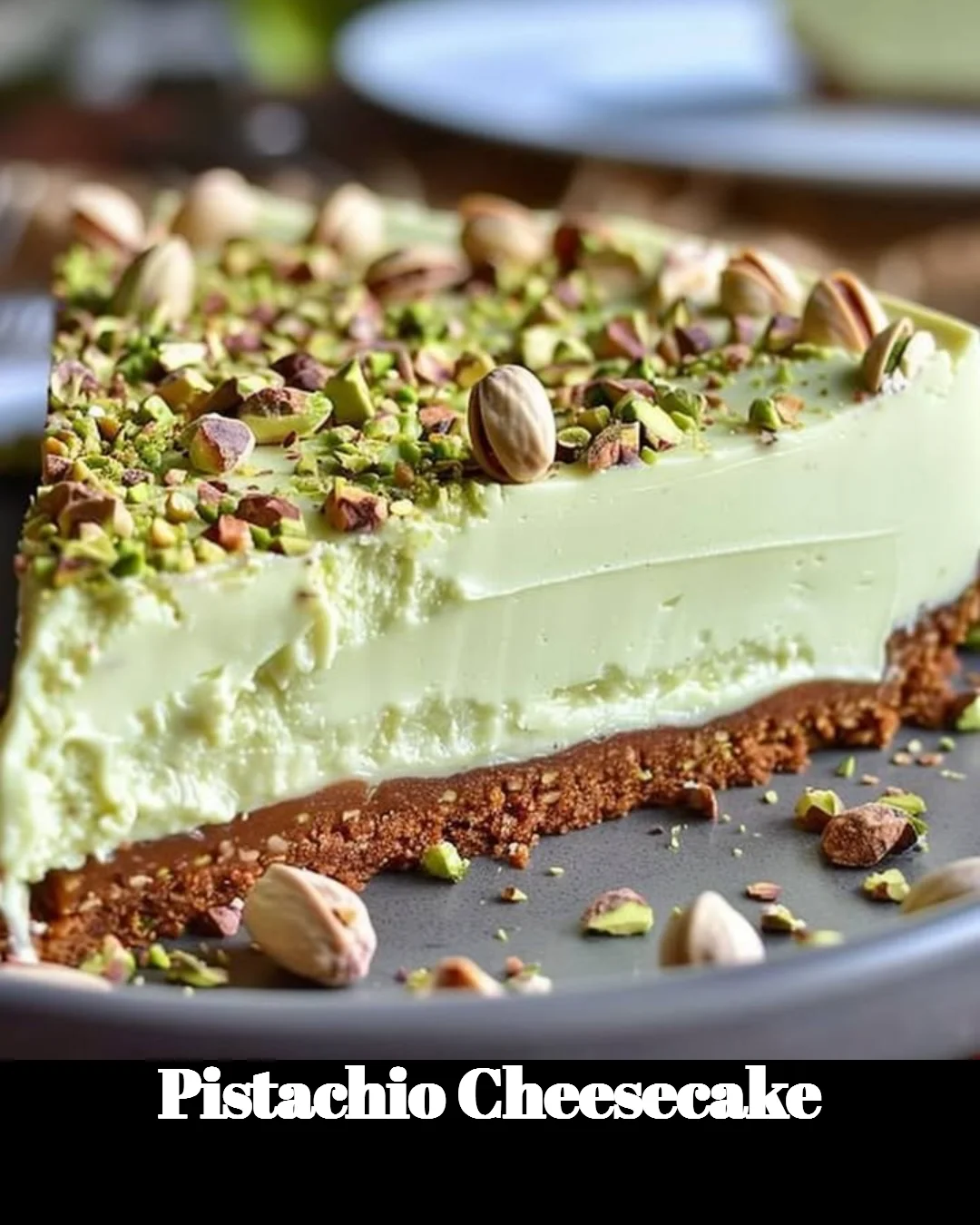 Delicious slice of pistachio cheesecake topped with nuts and a drizzle of caramel