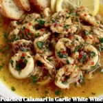 Plate of poached calamari in garlic white wine broth garnished with herbs