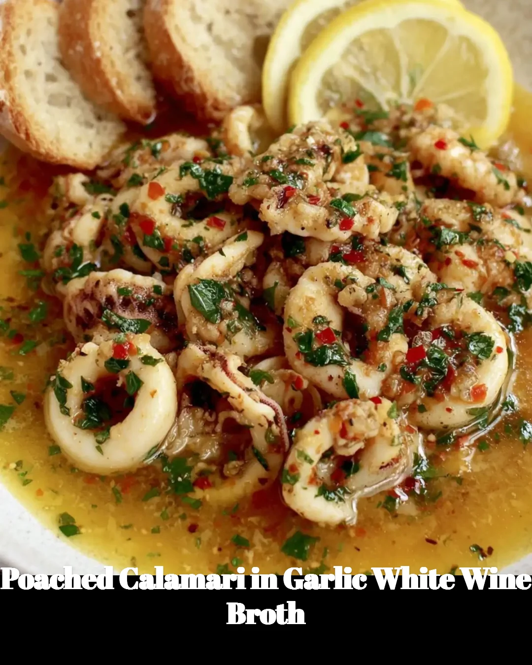 Plate of poached calamari in garlic white wine broth garnished with herbs