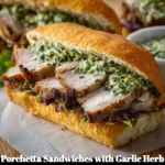 Delicious Porchetta Sandwiches with Garlic Herb Mayo on a rustic plate