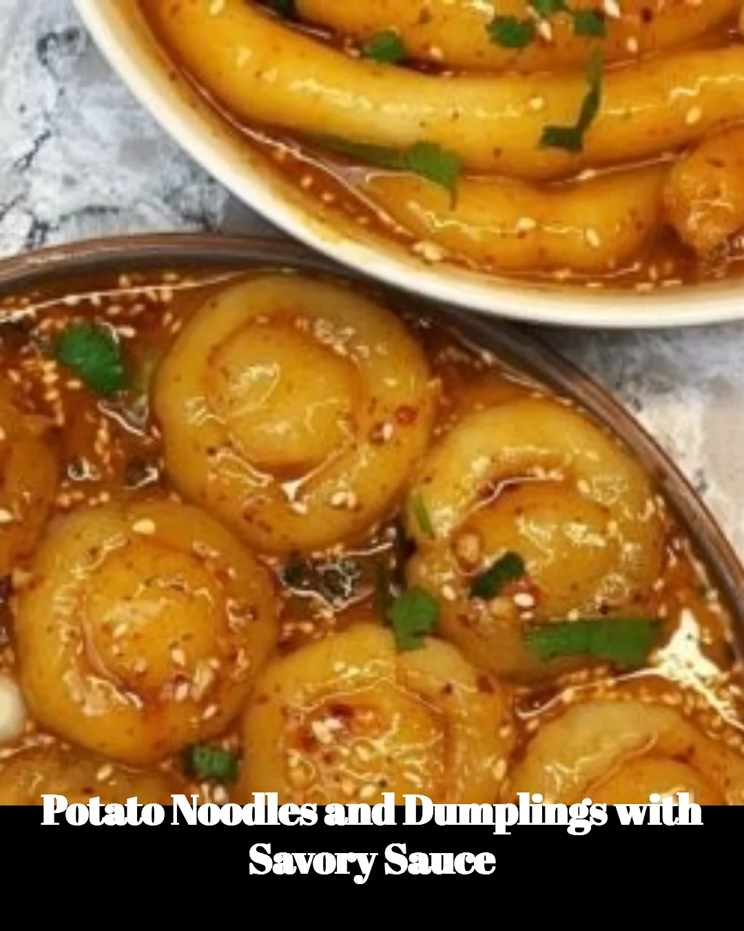 Plate of potato noodles and dumplings in savory sauce, garnished with herbs.