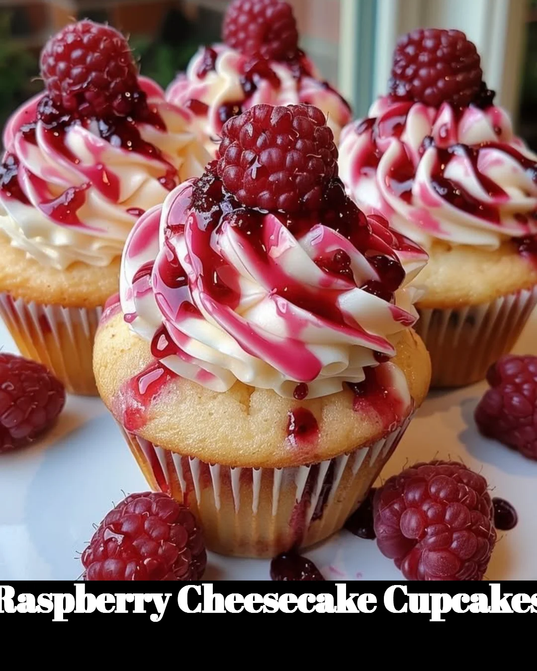 Raspberry Cheesecake Cupcakes topped with fresh raspberries and cream