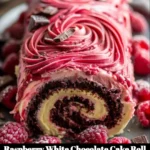 Raspberry White Chocolate Cake Roll dessert with fresh raspberries and white chocolate drizzle