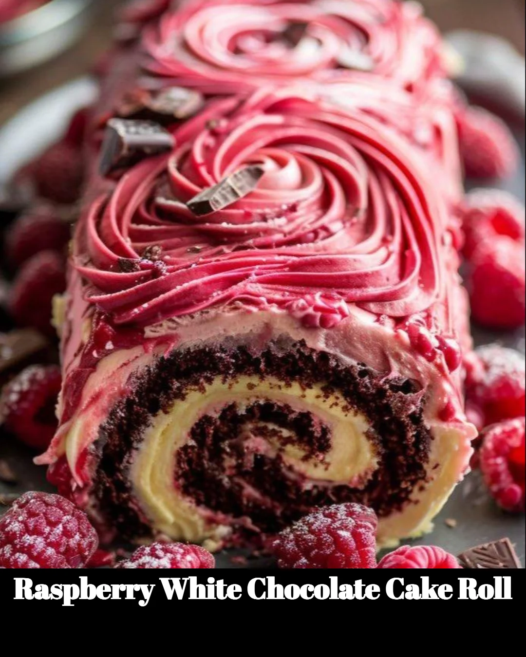 Raspberry White Chocolate Cake Roll dessert with fresh raspberries and white chocolate drizzle