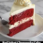 Delicious Red Velvet Cheesecake Cake topped with creamy frosting and chocolate shavings.