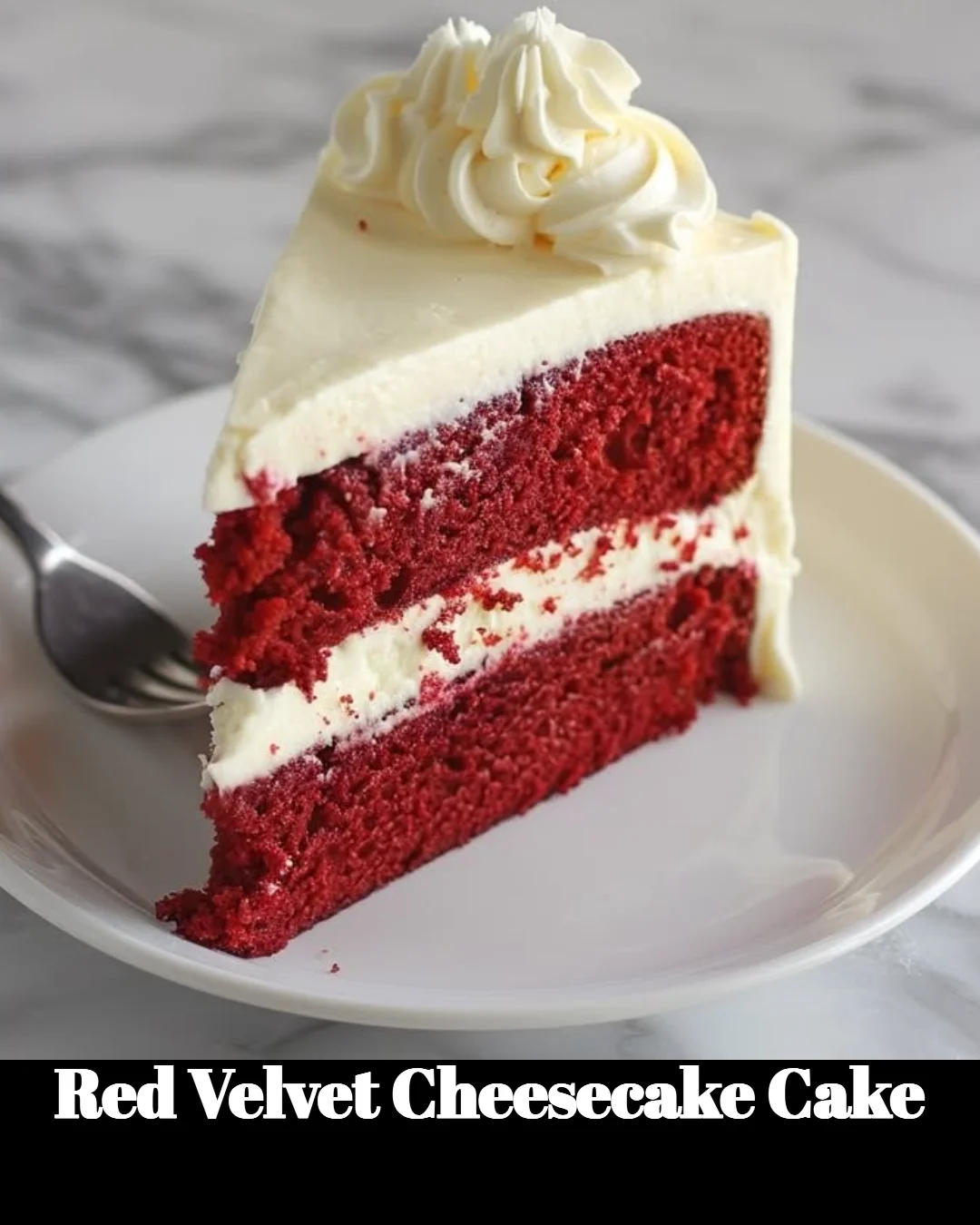 Delicious Red Velvet Cheesecake Cake topped with creamy frosting and chocolate shavings.