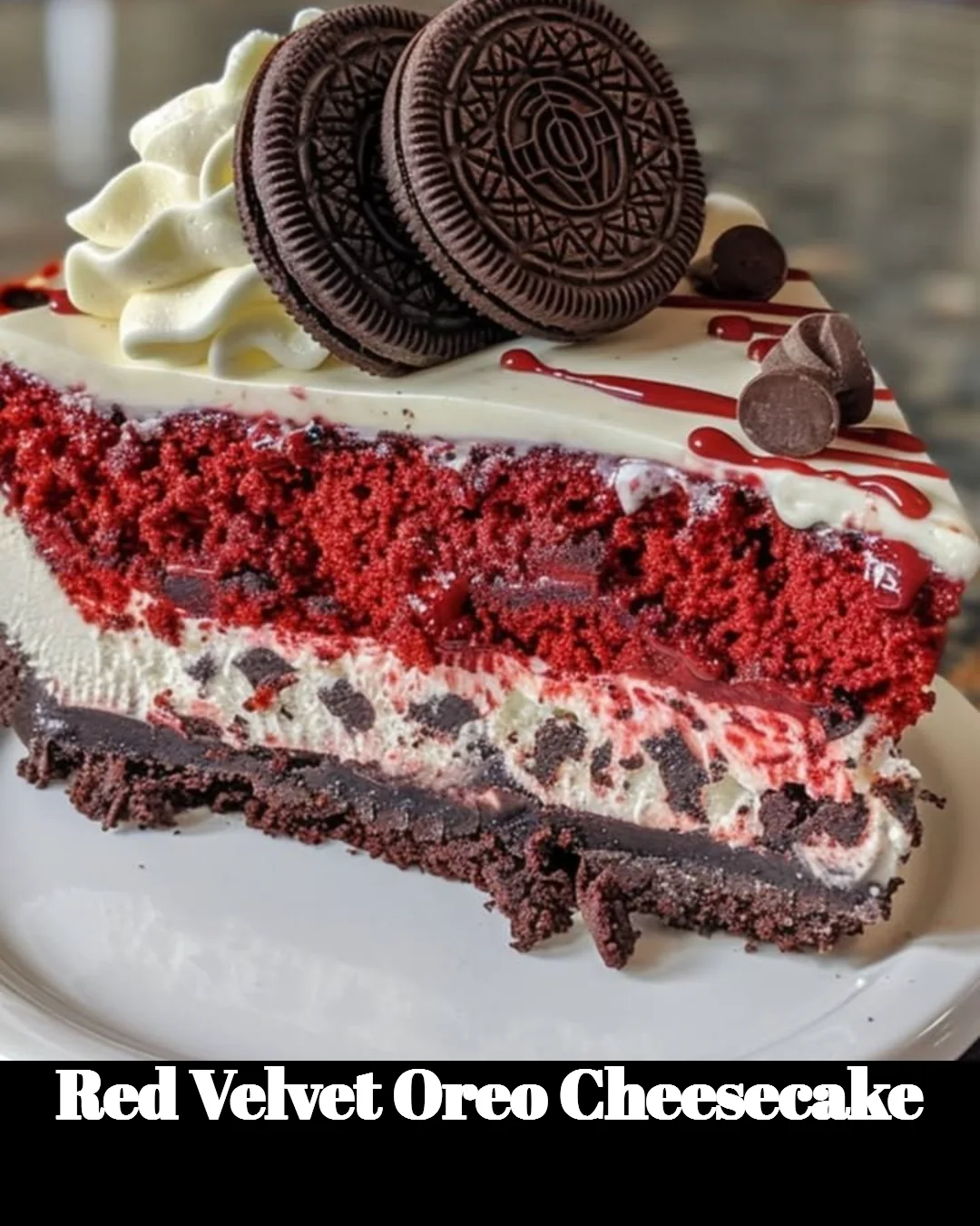 Delicious Red Velvet Oreo Cheesecake with creamy layers and Oreo topping