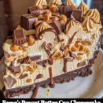 Reese's Peanut Butter Cup Cheesecake topped with chocolate and peanut butter cups.