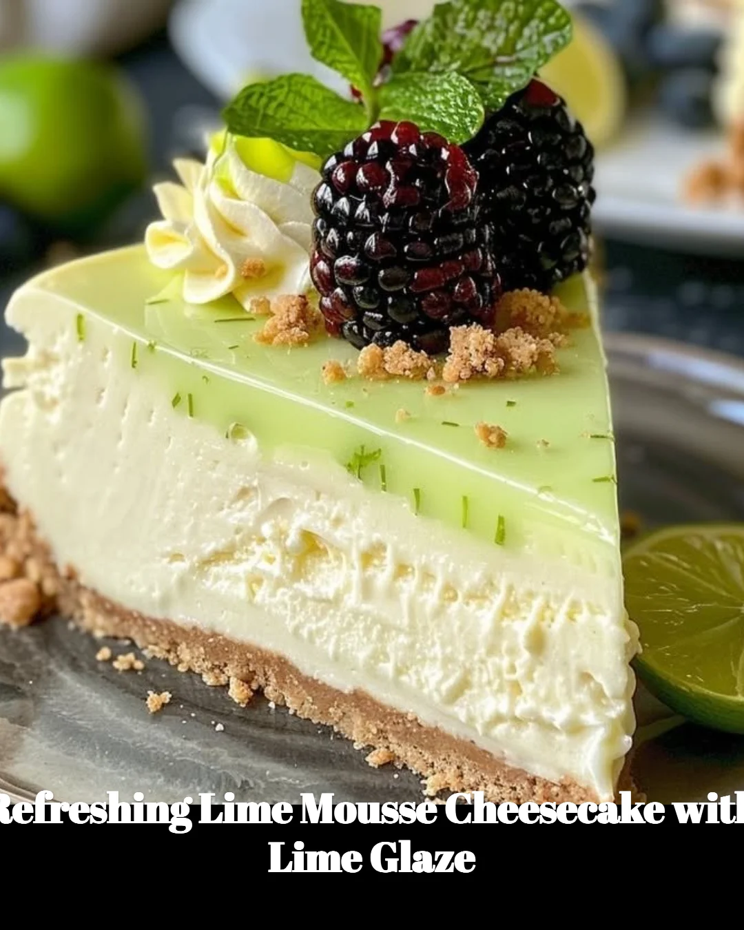 Slice of refreshing lime mousse cheesecake with a glossy lime glaze on top