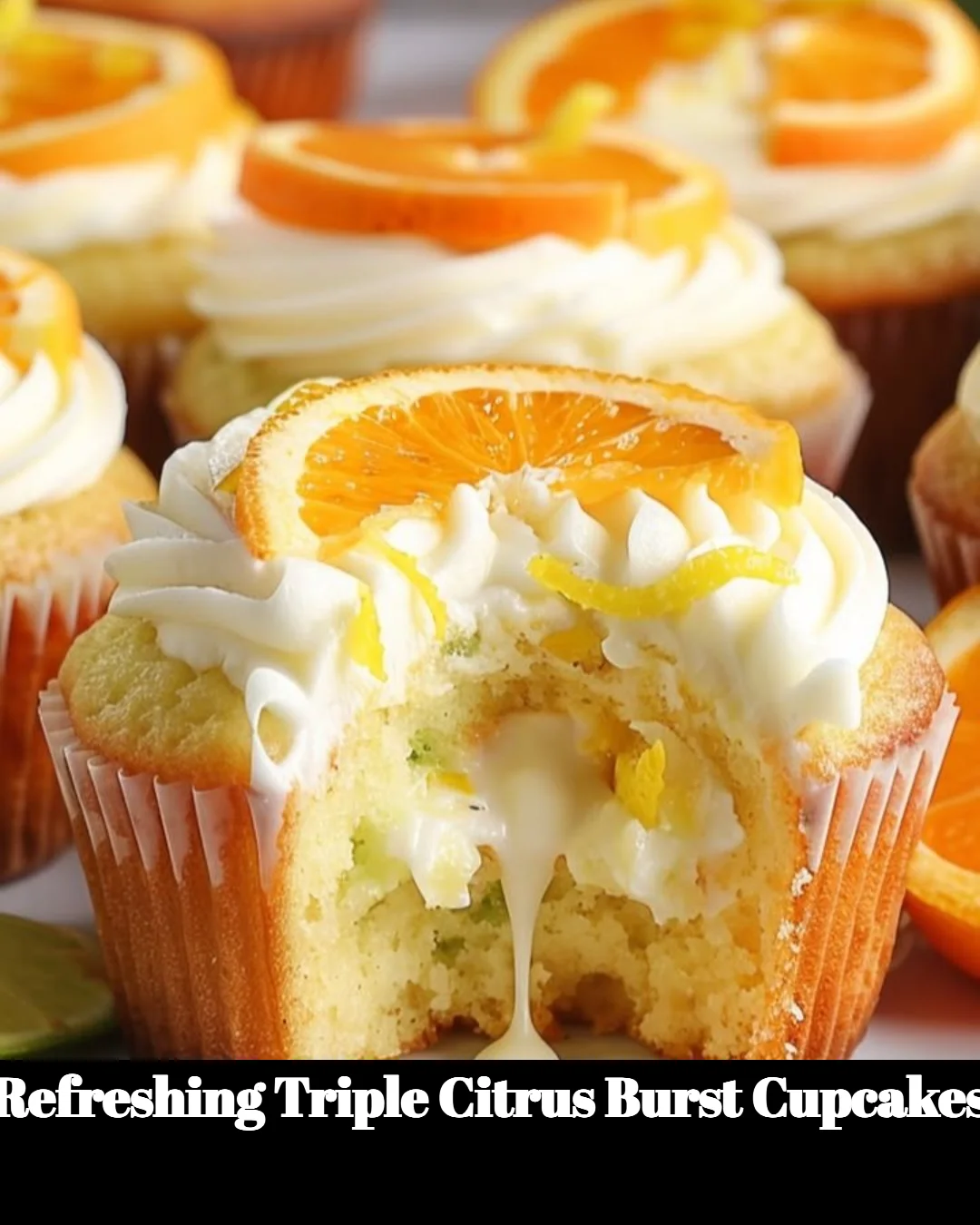Refreshing triple citrus burst cupcakes topped with zesty frosting
