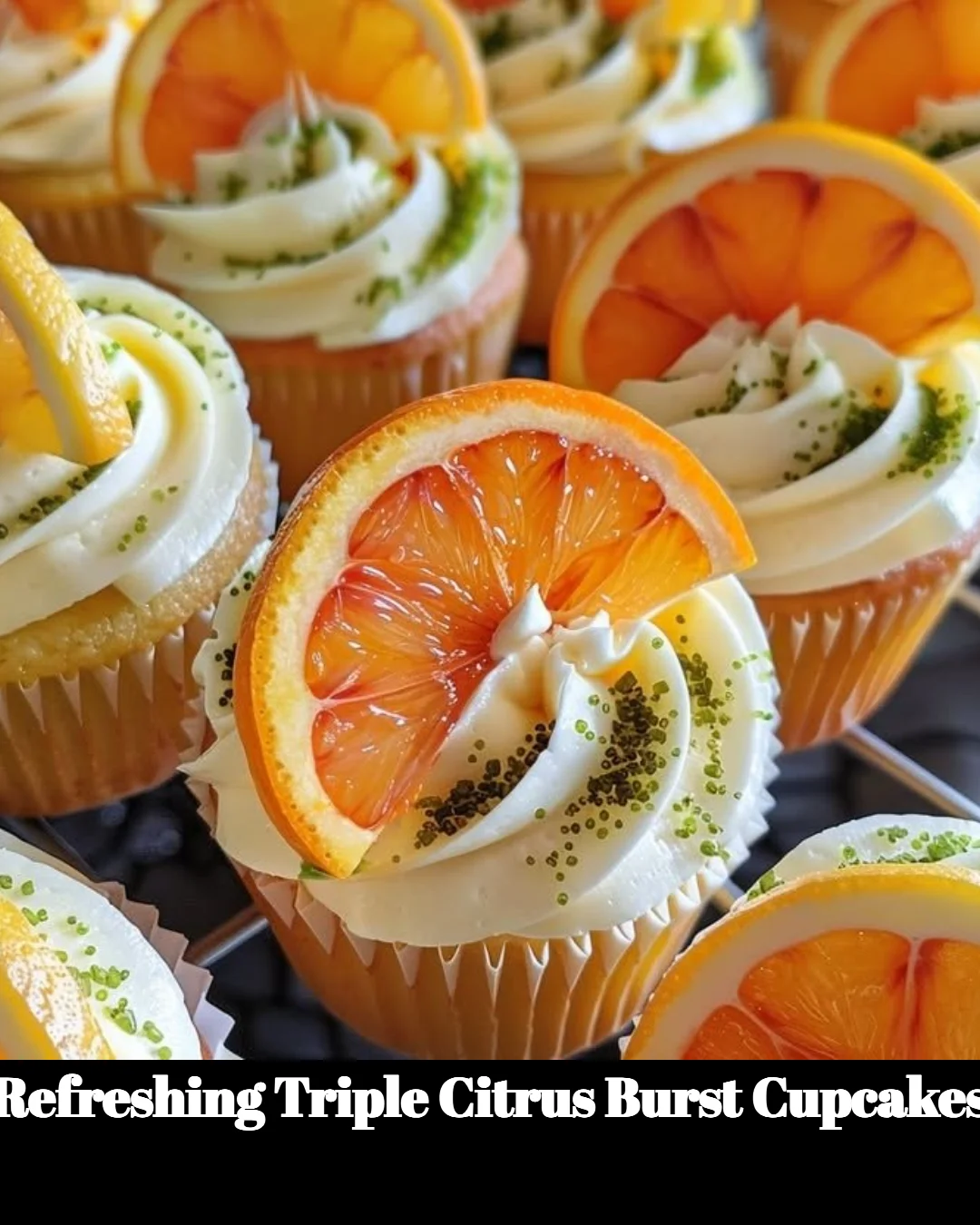 Triple Citrus Burst Cupcakes topped with tangy citrus frosting and zest