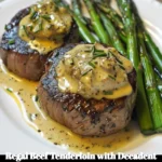 Regal beef tenderloin topped with seafood, beautifully plated for an elegant meal.