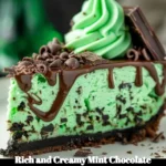 Rich and creamy mint chocolate cheesecake topped with chocolate shavings