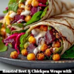 Roasted beet and chickpea wrap with tahini lemon sauce on a plate