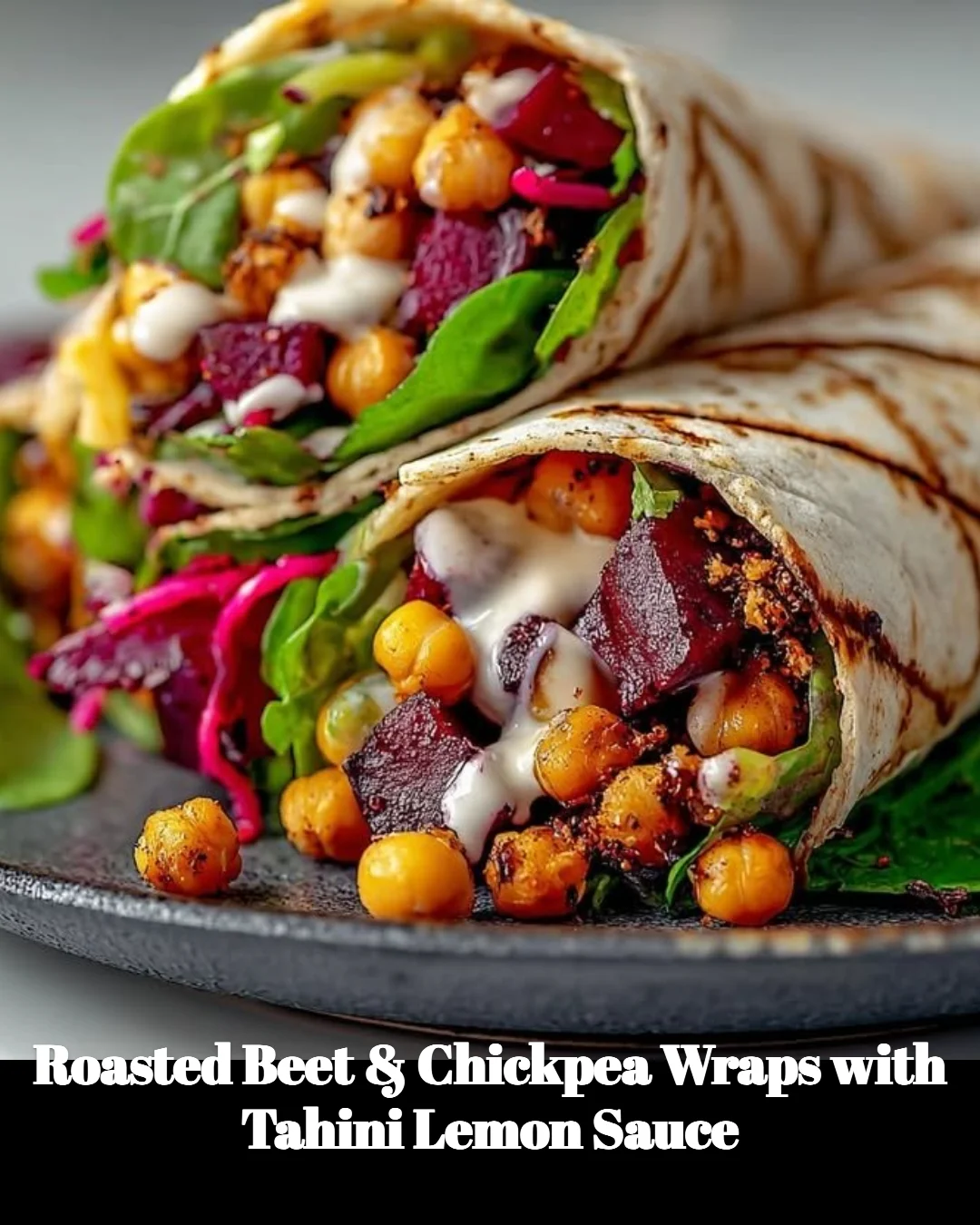 Roasted beet and chickpea wrap with tahini lemon sauce on a plate
