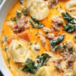 Bowl of hearty Sausage Tortellini Soup with fresh herbs and vegetables
