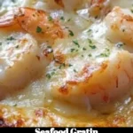Delicious Seafood Gratin topped with cheese and herbs, baked to perfection.