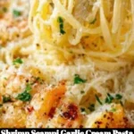 Delicious Shrimp Scampi Garlic Cream Pasta garnished with parsley
