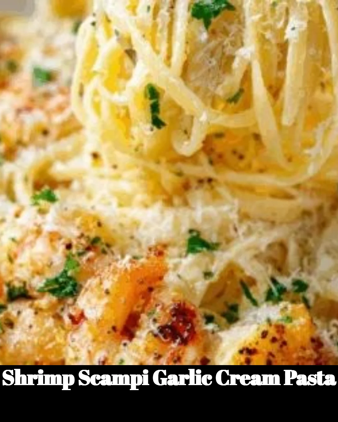Delicious Shrimp Scampi Garlic Cream Pasta garnished with parsley