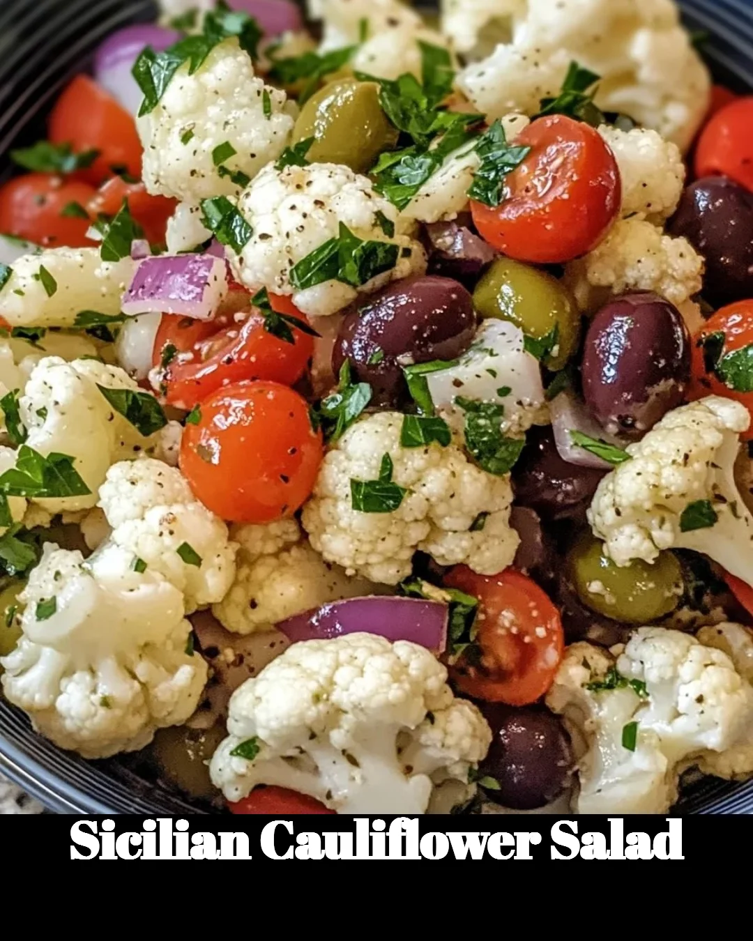 A fresh Sicilian Cauliflower Salad with colorful vegetables and herbs.