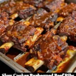 Slow cooker barbequed beef ribs served with sides and garnished.