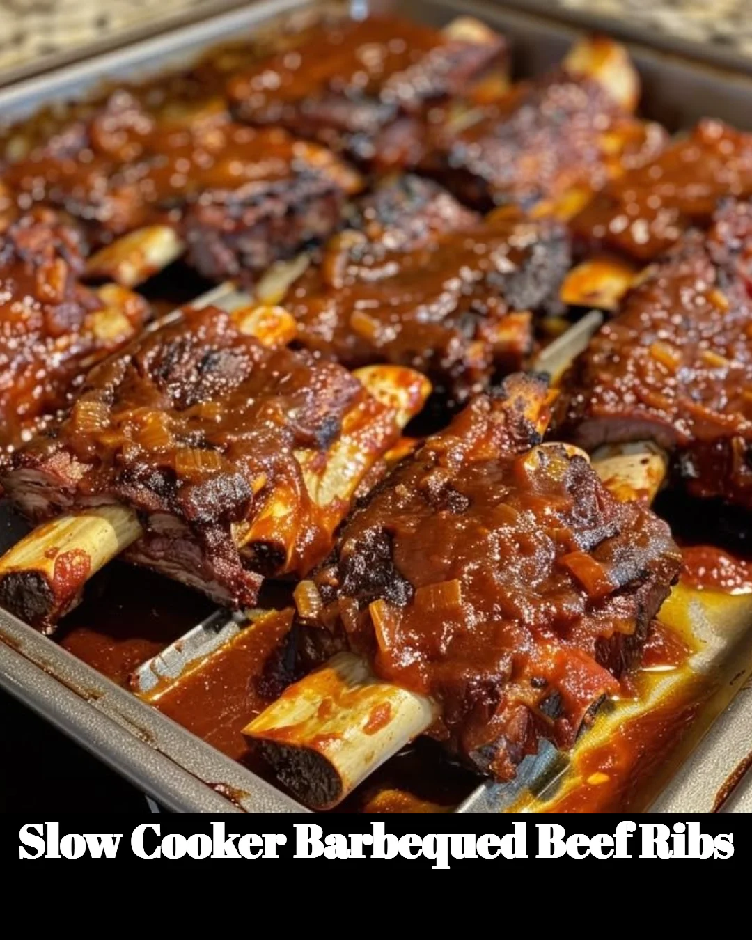 Slow cooker barbequed beef ribs served with sides and garnished.
