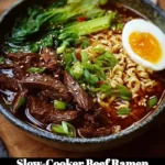 Slow-cooked beef ramen in a bowl with broth and garnishes