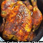 Juicy slow cooker rotisserie chicken on a serving platter