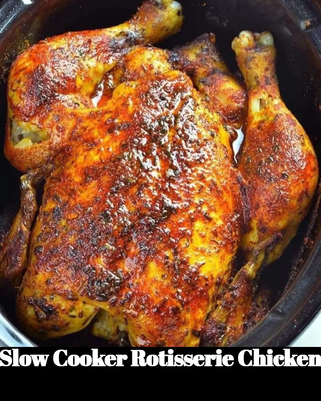 Juicy slow cooker rotisserie chicken on a serving platter