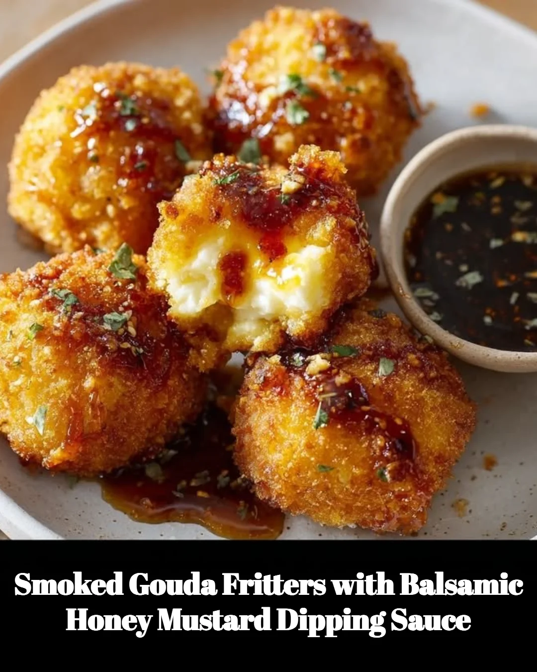 Smoked Gouda fritters served with balsamic honey mustard dipping sauce